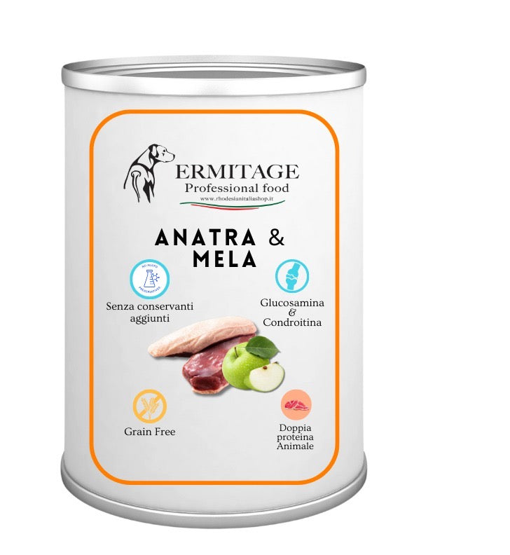 TOP QUALITY: ANATRA & MELA. Grain Free con un'unica proteina animale 93% di carne. Senza conservanti aggiunti. Confezione da 12 scatolette da 400 grammi cadauna.