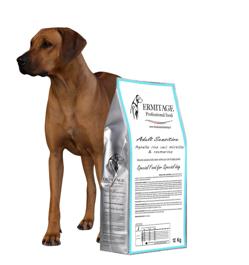 Ermitage Adult Sensitive 12 Kg: Agnello, riso, ceci, mirtillo e rosmarino.