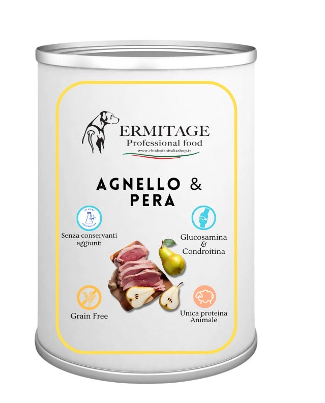 TOP QUALITY: AGNELLO &
PERA.Grain Free con un'unica proteina animale 93% di carne. Senza conservanti aggiunti. Confezione da 12 scatolette da 400 grammi cadauna.