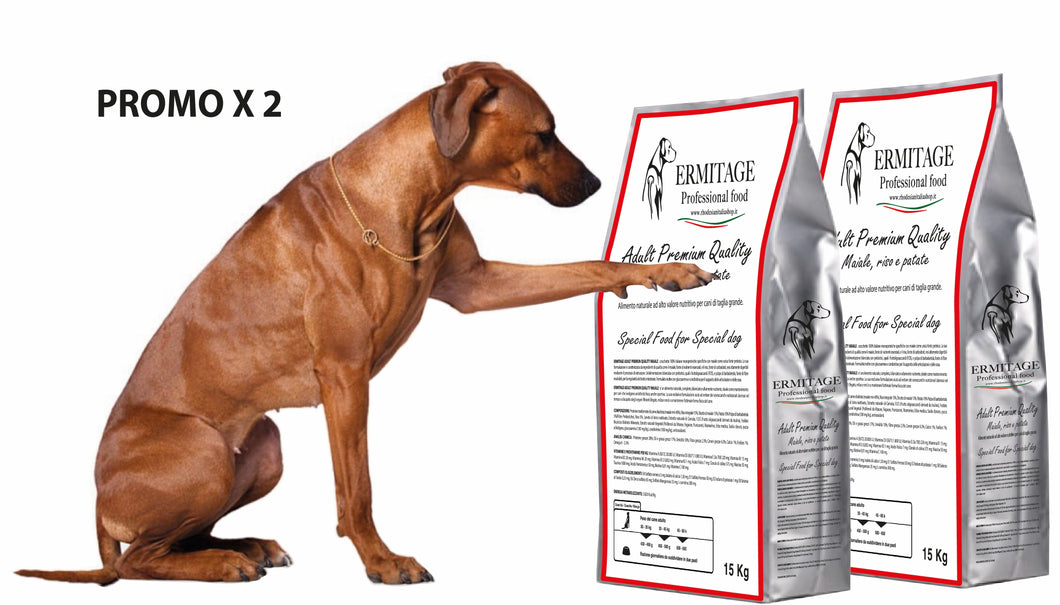 𝑷𝑹𝑶𝑴𝑶 2 Confezioni: Ermitage Adult Premium Quality: Maiale 40%, riso, patate, rosmarino e erba medica.