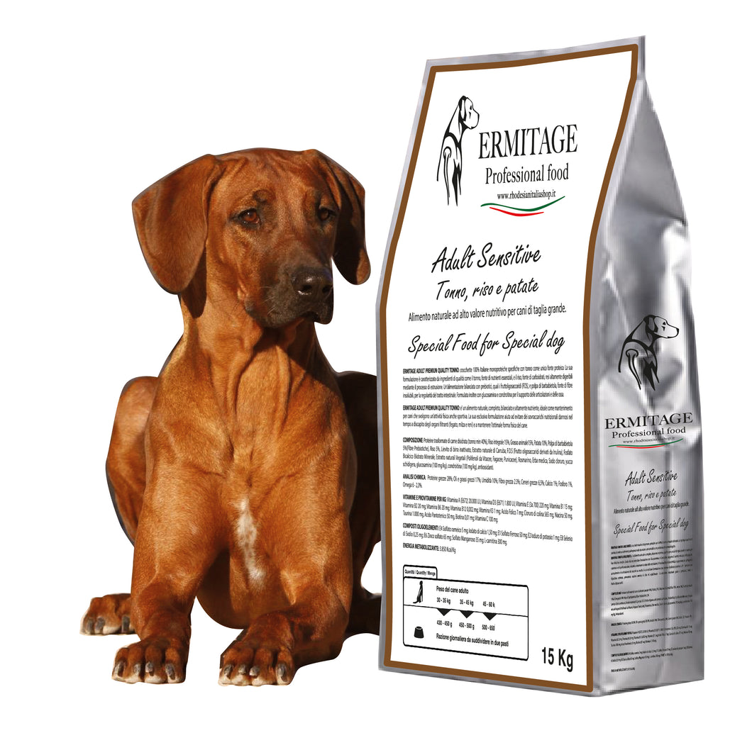 Ermitage Adult Sensitive 15 Kg: Tonno 40%, riso, patate, rosmarino e erba medica.