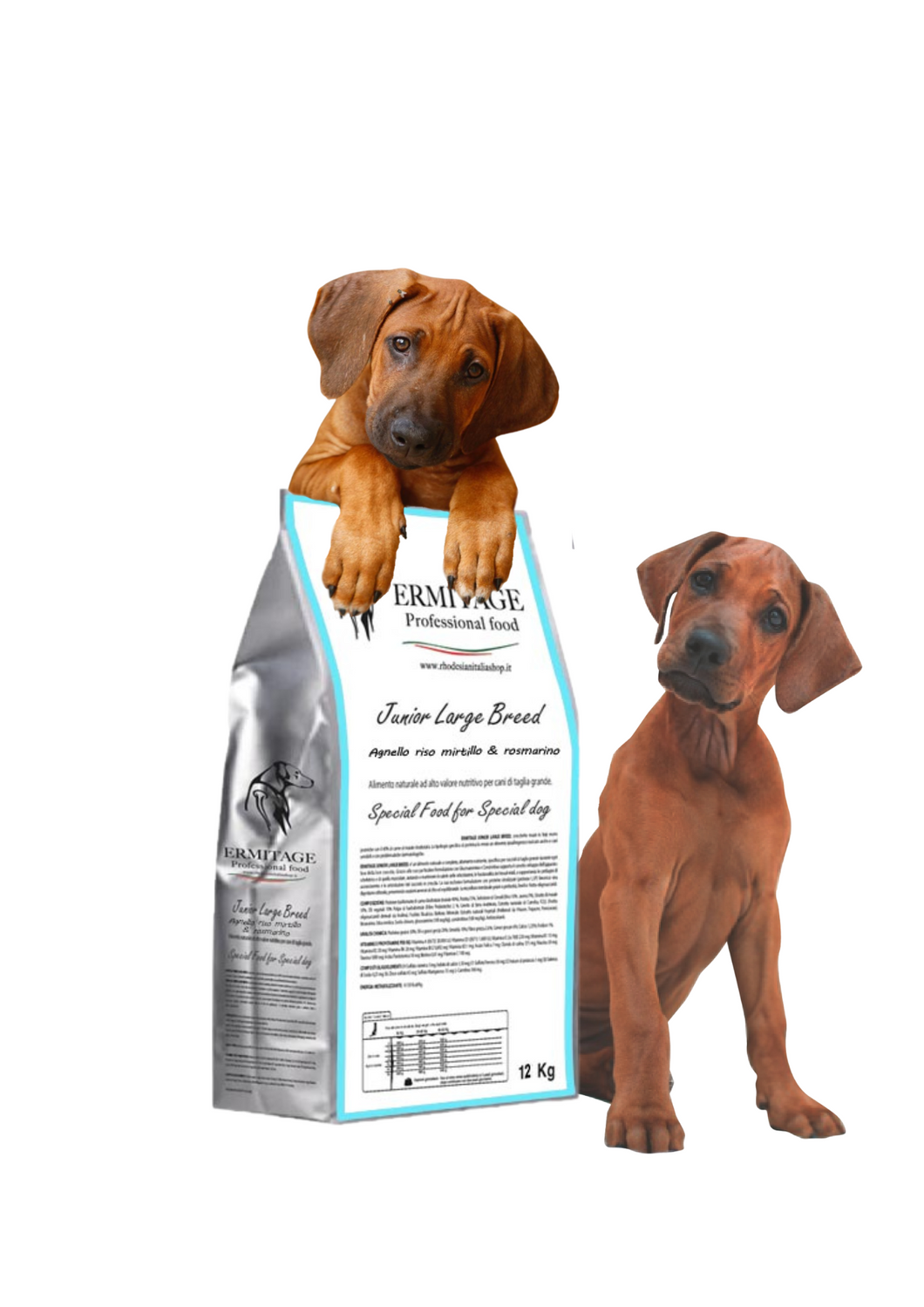 Ermitage Junior Large Breed: Agnello, riso, mirtillo e rosmarino.