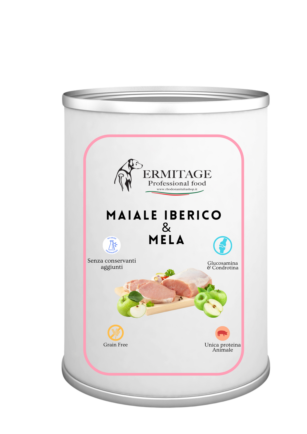 TOP QUALITY: MAIALE IBERICO & MELA.                                               Grain Free con un'unica proteina animale 93% di carne. Senza conservanti aggiunti. Confezione da 12 scatolette da 400 grammi cadauna.
