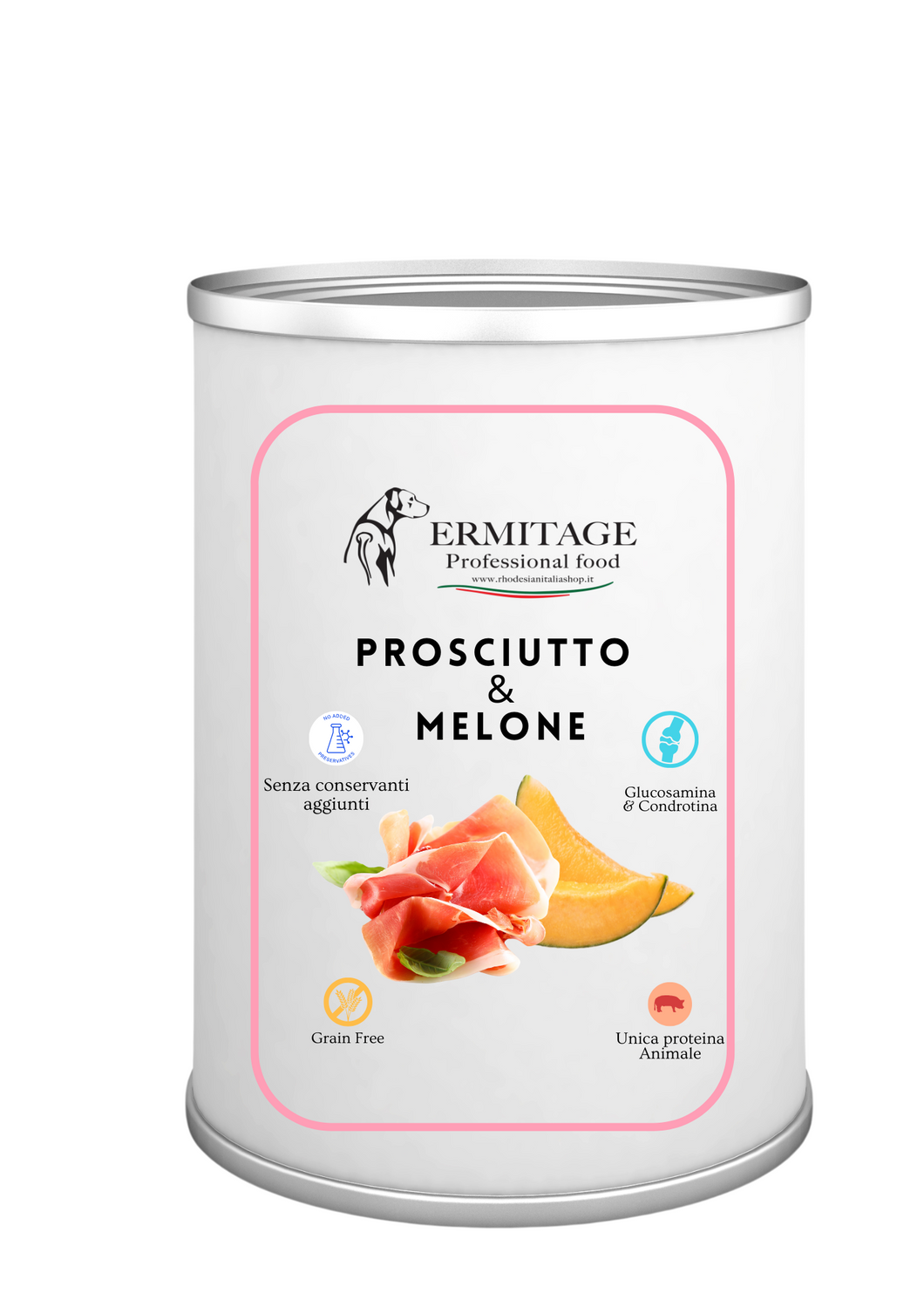 TOP QUALITY: PROSCIUTTO & MELONE.                                           Grain Free con un'unica proteina animale 93% di carne. Senza conservanti aggiunti.
Confezione da 12 scatolette da 400 grammi cadauna.
