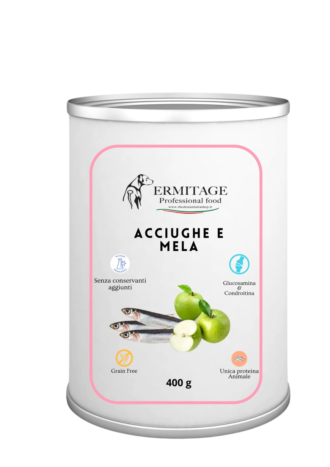 TOP QUALITY: ACCIUGHE & MELA.                                           Grain Free con un'unica proteina animale 93% di carne. Senza conservanti aggiunti.
Confezione da 12 scatolette da 400 grammi cadauna.